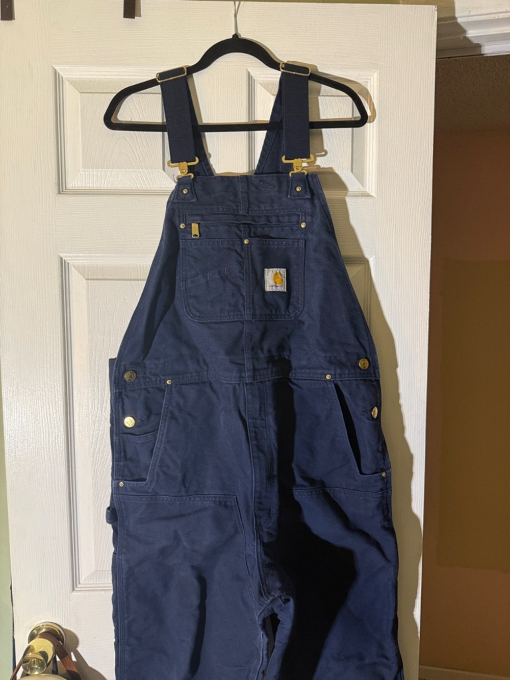 Carhartt Dark Navy Duck Bib Overalls with Brass Hardware